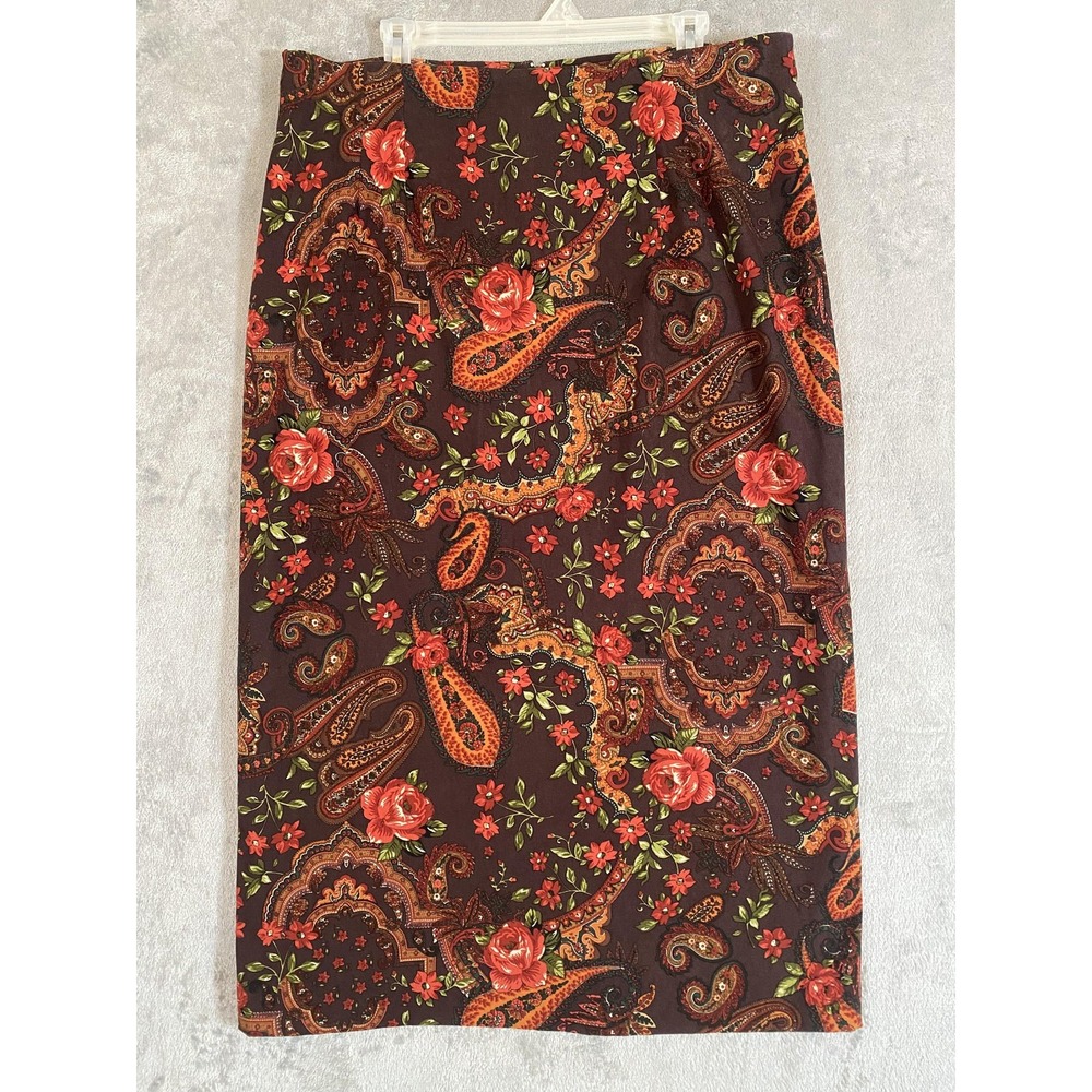 Briggs New York Skirt Womens 18 Brown Paisley Floral‎ Stretch Lined Boho Career